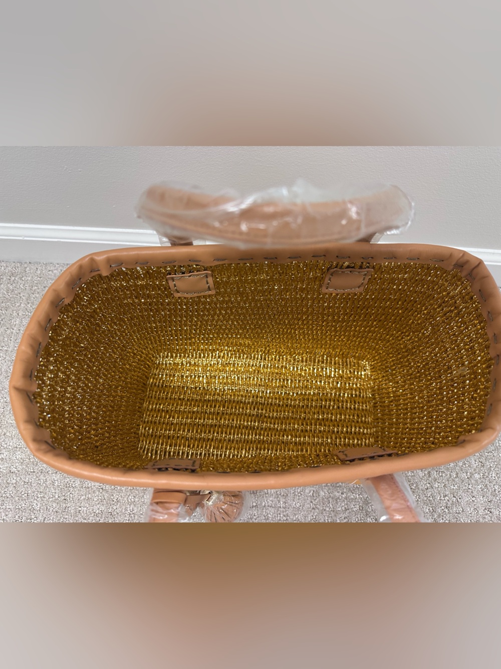 Tory Burch Chunky Straw Tote with Tassel Accents in Gold. - Picture 2 of 3